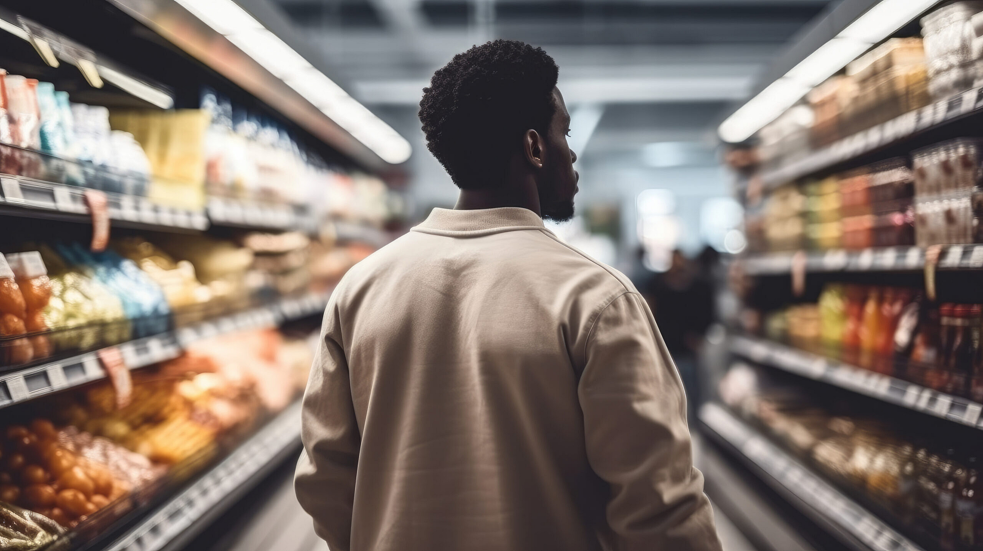 Young black man shopping in supermarket, Buying groceries and food products.